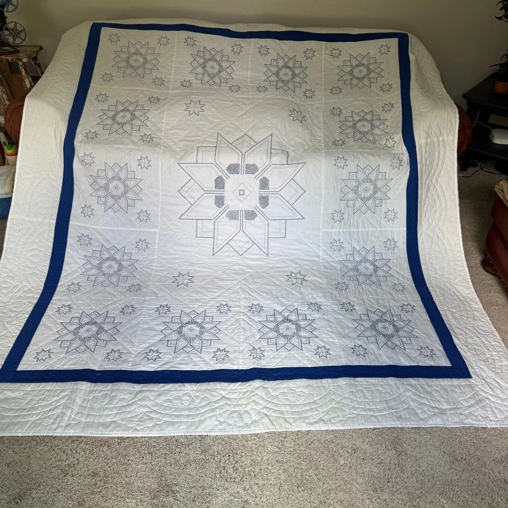 Vintage Hand Stitched Star Quilt Blue White Cross Stitch Embroidery Navy Border